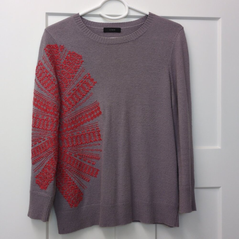 J. Crew Striking Crewneck Sweater Purple with Red Design Size Small